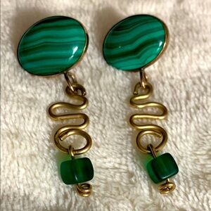 Green Malachite Cabochon Earrings with Swirling Gold Dangle and Glass Bead